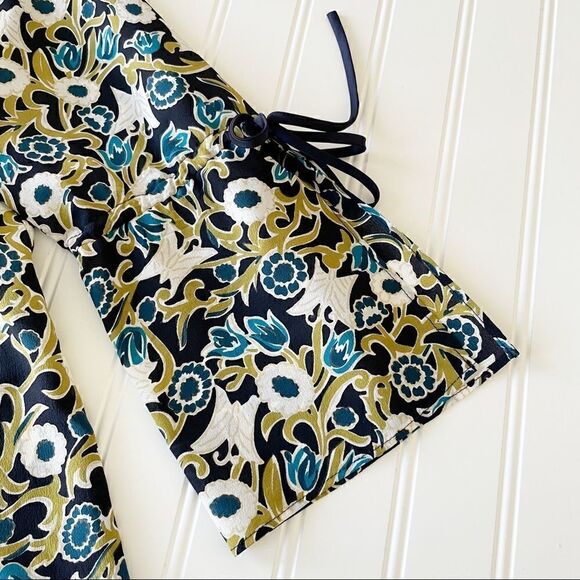 Lafayette 148 New York Floral V-Neck Blouse 3/4 Tie Sleeve Black Blue Green S - Picture 5 of 7